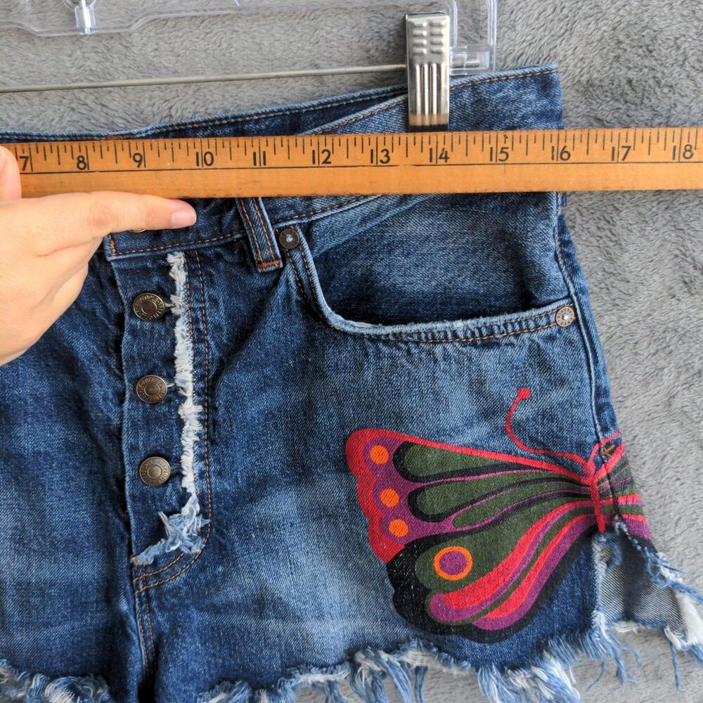 We The Free Denim Shorts Womens 29 Blue Butterfly Graphic Distressed Cut Off - Picture 8 of 10